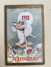 1911 New Year Greetings Embossed Pierrot Pierrette Clown Swing Antique Postcard picture