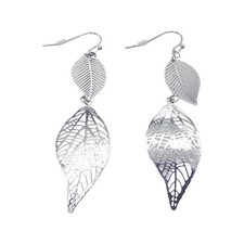 Long Double Leaf Silver Drop Earrings picture