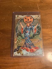 Antique Halloween Pumpkin Head Oriental Kimono Postcard Embossed c1910 picture