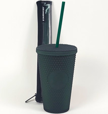 Starbucks Matte Dark Green Studded Tumbler Grande 16oz Bundle 2x Straw Bag Clean picture