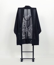 Vintage Black Silk Sha Haori Jacket: Sheer Summer Kimono, Boat Motif Weave picture
