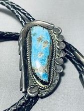 NOTABLE VINTAGE ZUNI KINGMAN TURQUOISE STERLING SILVER BOLO picture