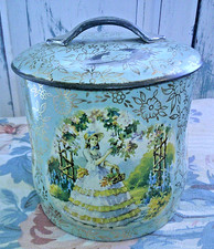 Vtg Baret Ware Handled Tin England Gold Floral Green Pink Woman Romantic picture