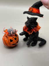 Miniature Black Cat  2” in Halloween costume with mouse Crocheted Handmade OOAK picture