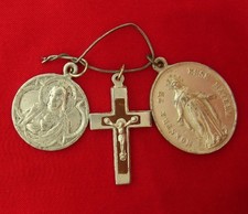 2 VINTAGE MEDALS & CRUCIFIX Religious Catholic Aluminum JESUS MARY Pendants picture