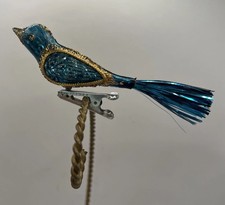 VTG 1960s Blue Plastic Clip On Bird Lace Trim Tinsel Tail Christmas Ornament picture