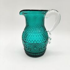 VTG Small Teal Blue PILGRIM Glass Pitcher Vase Sunburst Pattern Applied Handlle picture