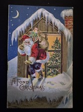 Santa Claus on Snowy Roof ~Chimney ~with Toys~Antique Christmas Postcard~p314 picture