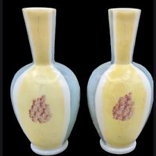 Antique Victorian Handblown Vases Bohemian Painted Glass Pair Blue Yellow Floral picture