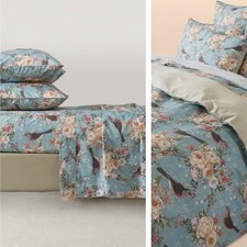 NEW Anthropologie Blue Floral Botanical Bird 100% Cotton Matching 4 PC Sheet Set picture