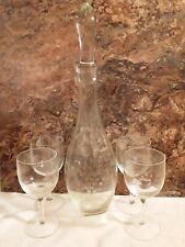 Vintage Etched Glass DECANTER Set with 4 Wine glasses. picture