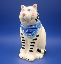 COCO DOWLEY Ceramic White Black Stripes Cat Cookie Jar Certified Int’l. 11.5” picture