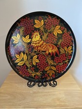 Rooster Tray Round Resin 16 Inch Hand Painted Black Red Gold Berries Leaves picture