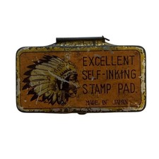 Vintage Excellent Self-Inking Stamp Pad Tin Litho Indian Chief Graphic Japan picture