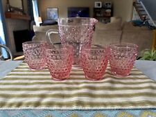 Vintage Pink Glass Hobnail Pitcher And Cups Set picture