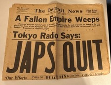 1945 Detroit News JAPS QUIT WWII Japan Surrenders V-J Day Aug 14 Newspaper picture