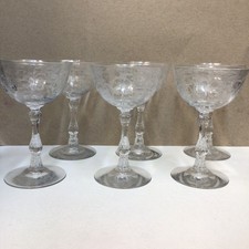 6 Fostoria Navarre Etched Crystal Glass Stemmed Champagne Coupes 5.5” Tall picture