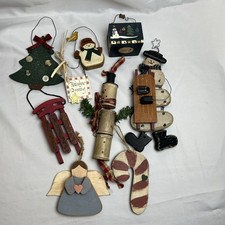 9 Primitive Rustic Wooden Christmas Holiday Ornaments Snowman Sled Etc. Country picture