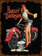 HARLEY DAVIDSON HOT GIRL WASHES BIKE HEAVY DUTY USA MADE METAL ADVERTISING SIGN picture