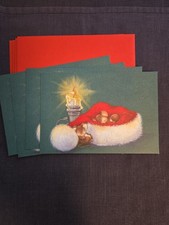 4 vintage Hallmark Christmas cards mice sleeping in Santa's hat picture