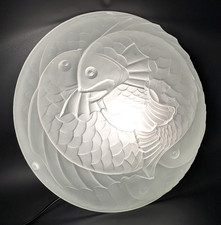 NOS Vintage French Art Deco “Poisson” Fish Pendant Art Glass Shade, 13” dia. picture