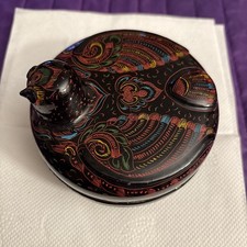 Vintage Black Lacquer Hand painted Bird Image Lacquerware Trinket Box 4” picture