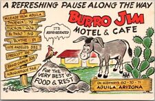 AGUILA, Arizona Postcard BURRO JIM MOTEL & CAFE Artist-Signed Bob Petley c1960s picture