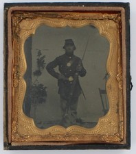Civil War Soldier Tintype 1860 Rifle Bayonet Medal 1/6th Musket Pouch Kepi Photo picture