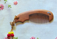 Vintage Asian Carved Wood Fish Shape Small Comb W Charm Drop + Symbols 5