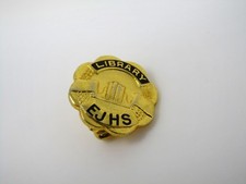 Vintage EJHS High School Library Pin Gold Tone Librarian Aide Lapel Badge picture