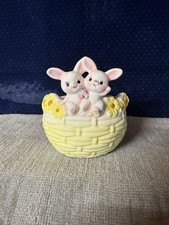 Ceramic Easter Bunny Basket Planter Two White Rabbits Yellow Flowers Spring Deco picture