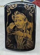 Antique Papier Mache Snuff Box Black Lacquer Gold Gentleman Scholar Figural picture