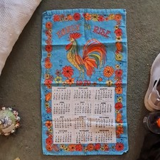 1970 Red Turquoise Aqua Orange Rainbow Rooster Tea Towel Mod Hanging Calendar  picture
