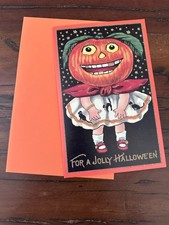 Halloween Vintage Style Greeting Card Old World Christmas 2003 Pumpkin Girl 5x8 picture