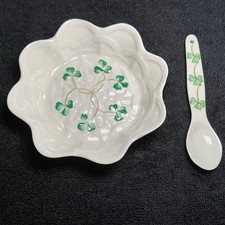 VTG Belleek Parian China Basketweave Shamrock Jelly Dish & Spoon- 11th Mark picture