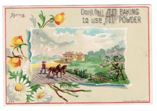 1885 Victorian Trade Card A&P Baking Powder Spring Planting Farm Horse Plow picture