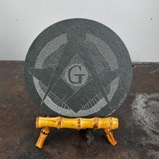 Vtg MASONIC Square & Compass Logo w/ G Hand Carved Slate FOLK ART 1976 picture