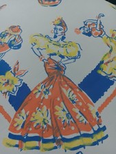 Vintage Mexican Tablecloth XL 62.5 x 50 Senoritas Dancing Fiesta Festive picture