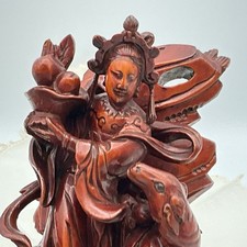 Vintage Chinese Boxwood Carving Magu Goddess Of Longevity Deer & Peaches 4.25” picture