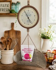 Chatillon Vintage 20 lb Hanging Dial Scale w/ Metal Scoop Pan, New York c 1930 picture