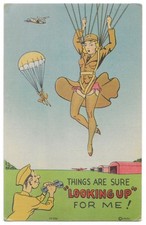 WWII Military Risque Comic Linen Postcard Paratrooper Pin-Up MWM picture