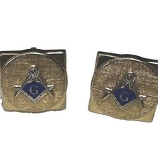 SWANK Freemasonry Masonic Square & Compass “G” Blue Gold Tone Vtg Cufflinks Pair picture