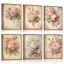 Vercraft 6 Pcs Vintage Flowers Canvas Wall, Pink Rose, Grandmillennial picture
