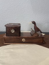 Mid-20th Century Hand Carved Mechanical Wood Bird Cigarette Dispenser With Inlay picture