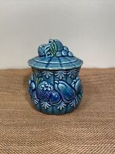 Vintage Tilso Japan Ceramic Blue Sugar Bowl Lidded Jar Embossed Fruit Majolica picture