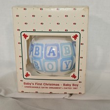 Vintage Baby's First Christmas 1987 Baby Boy Hallmark Keepsake Satin Ornament picture