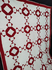 Vtg Red White Geometric Block Quilt Hand Crafted Country Farmhouse Coverlet Thro picture
