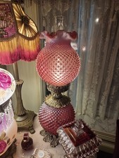 Vintage Fenton Pink Cranberry Opalescent Hobnail Gone With Wind Pillar Lamp picture