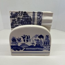 Churchill Blue Willow Ceramic Napkin Holder White & Blue Hand Painted RARE VTG picture