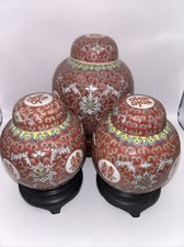 Set of 3 Red Famille Rose Porcelain Ginger Jars 6” and 5” Tall With Wood Base picture